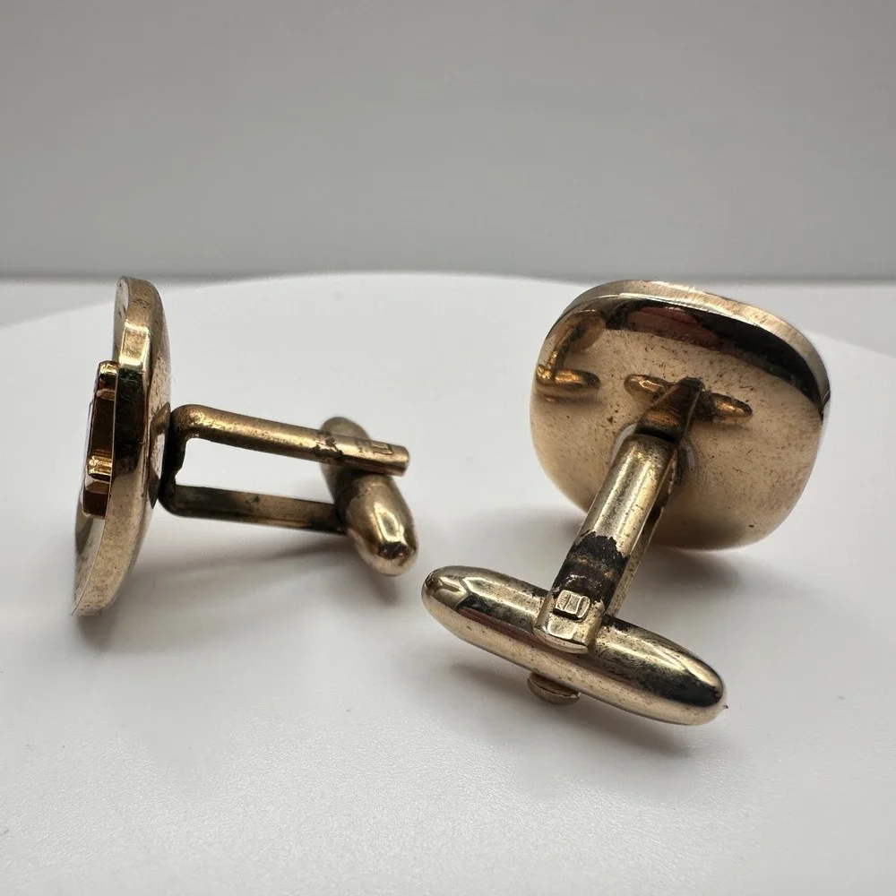 Vintage 90s Masonic Cufflinks & Tie Bar Set Gold Tone Blue Enamel Square Compass